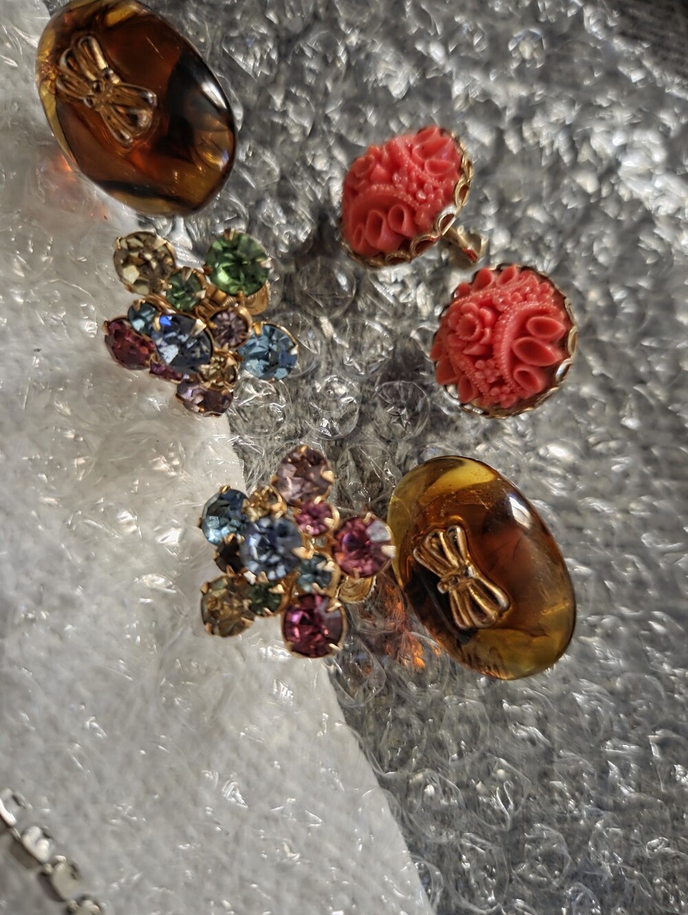 Vintage Clip Amber Earrings, Multistone And Coral Lot